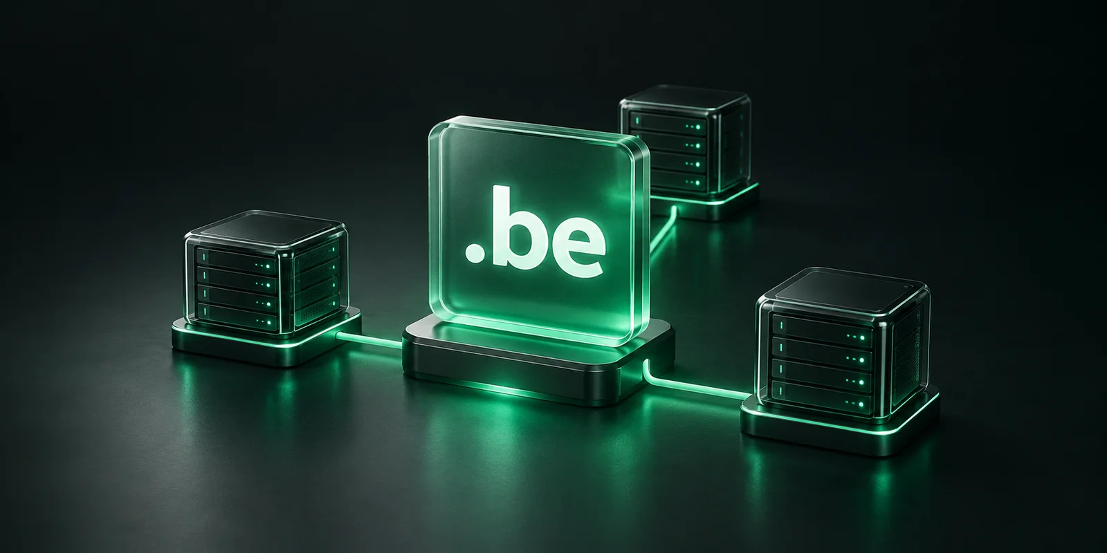 Een glazen .be-domeintegel verbonden met servernodes via groene lichtlijnen