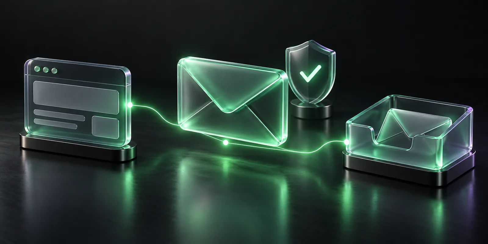 Een glazen envelop volgt een groene lichtlijn van een browservenster naar een inbox, langs een schild met een vinkje
